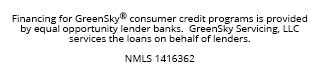 Financing for GreenSky© credit programs is provided by federally insured, federal and state chartered financial institutions without regard to race, color, religion, national origin, sex or familial status. NMLS #1416362; CT SLC-1416362; NJMT #1501607 C22