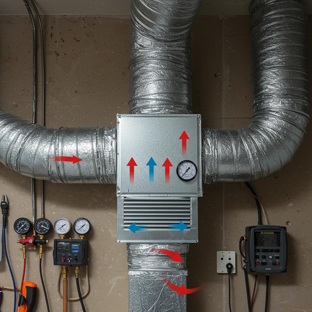 Close-up of HVAC ductwork showing pressure gauges and airflow indicators