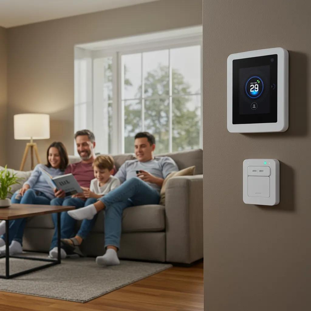 Family enjoying comfort in a living room with a smart thermostat visible