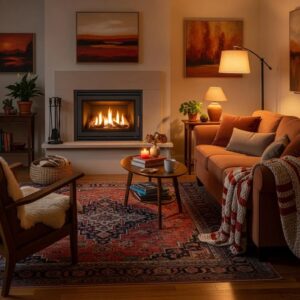 Cozy living room with a modern furnace, emphasizing warmth and comfort in a home setting